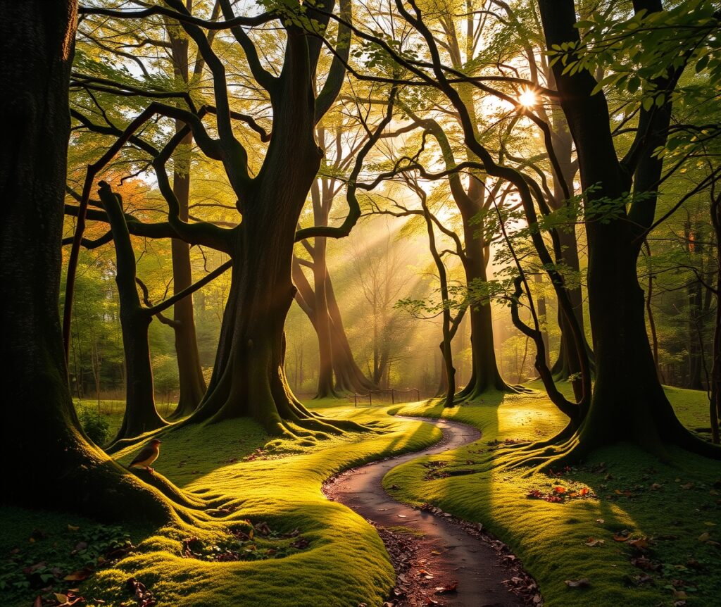 Tranquil Forest with Sunlit Path – free AI stock image
