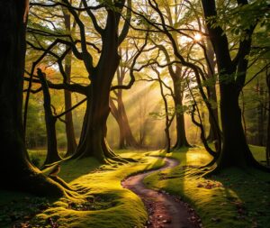 Tranquil Forest with Sunlit Path – free AI stock image
