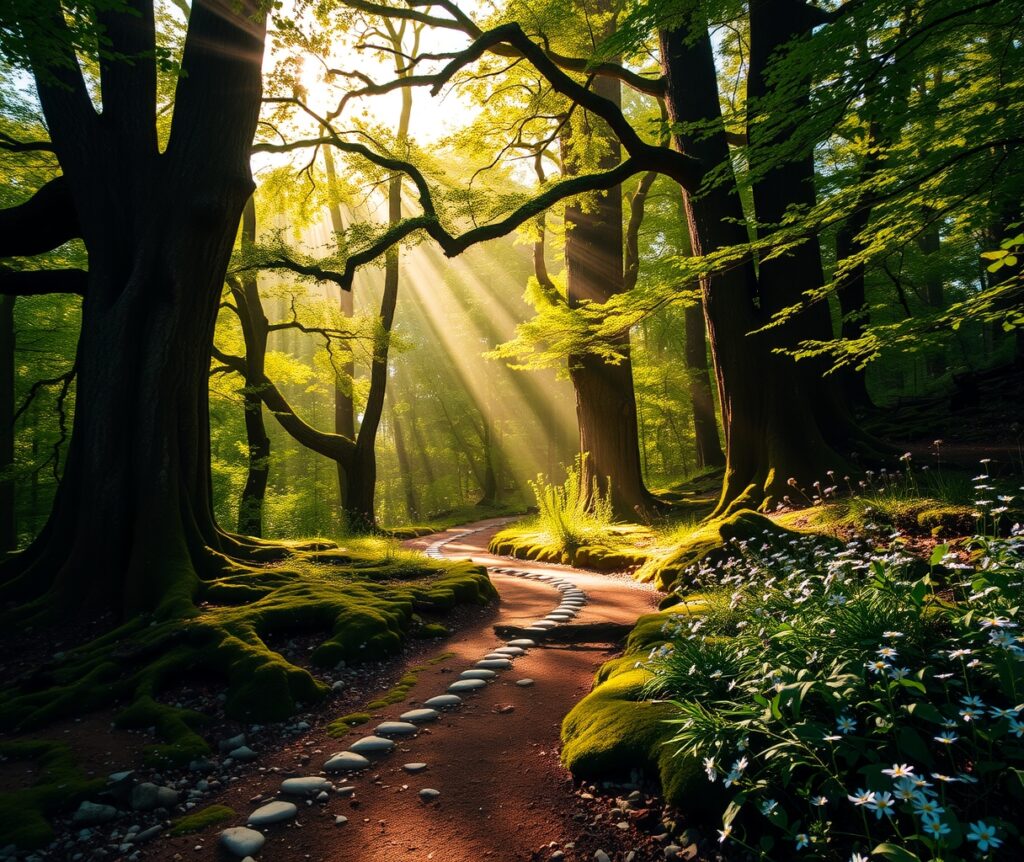 Tranquil Forest with Sunlit Pathway – free AI stock image