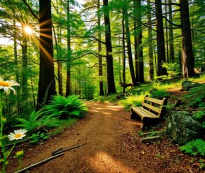 Tranquil Forest with Sunlit Pathway – free AI stock image