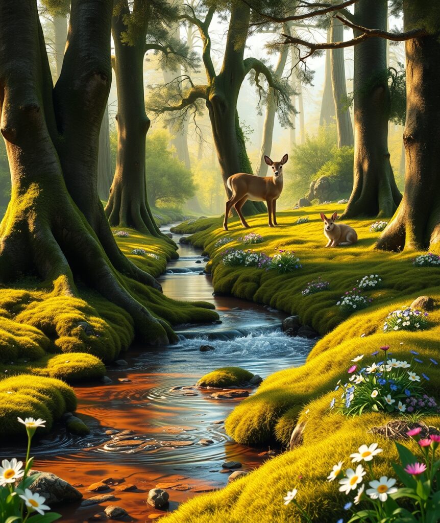 Tranquil Forest with Wandering River Stream – free AI stock image