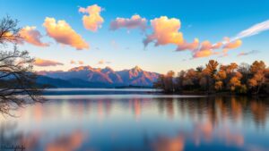 Tranquil Lake at Dawn with Mirror-like Reflections image – free AI stock image