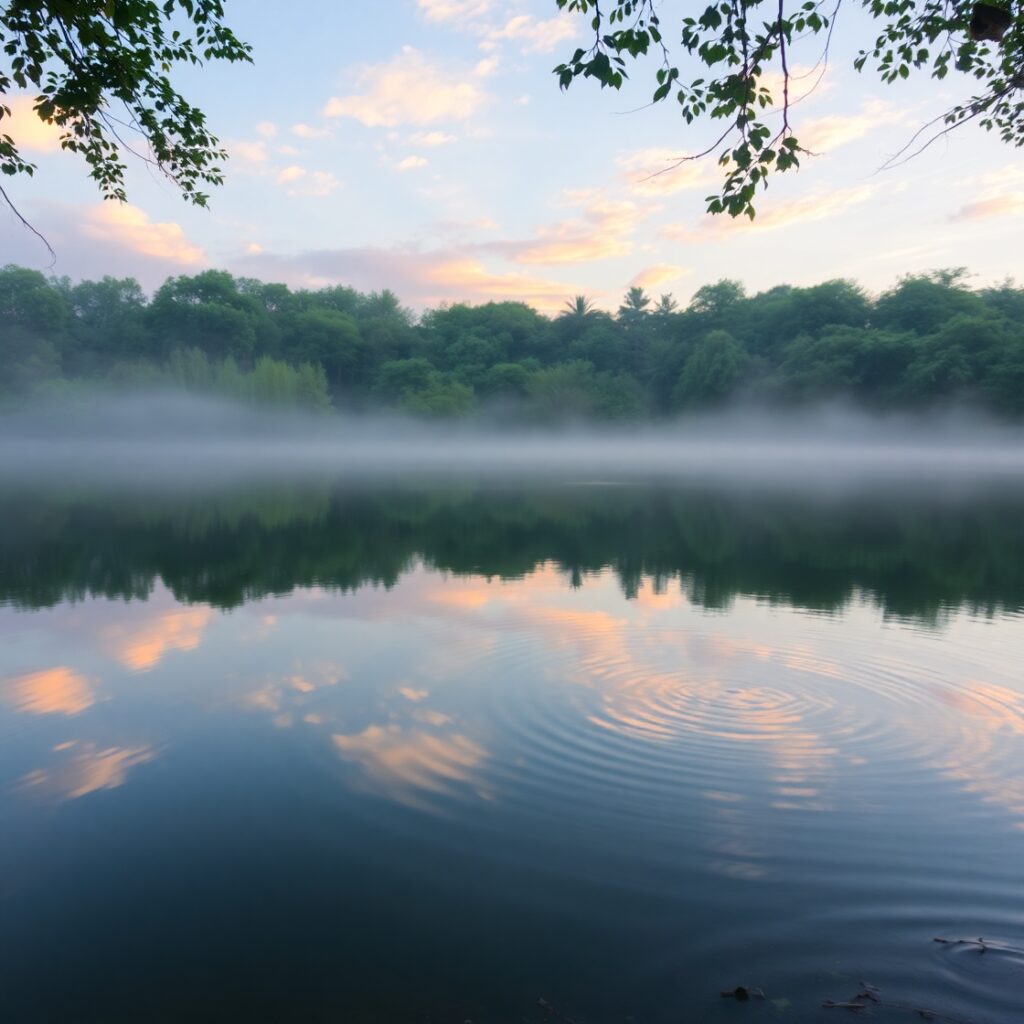 Tranquil Lake at Dawn with Still Reflections – free AI stock image
