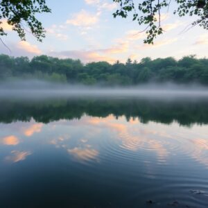 Tranquil Lake at Dawn with Still Reflections – free AI stock image