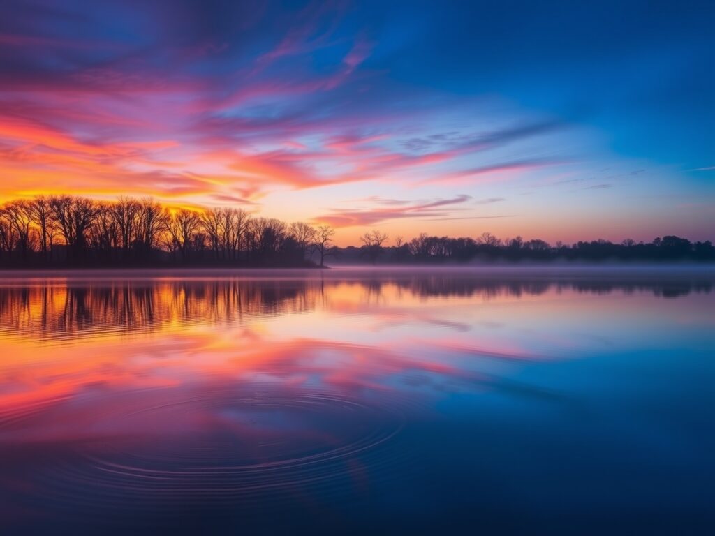 Tranquil Lake at Dusk with Reflections – free AI stock image