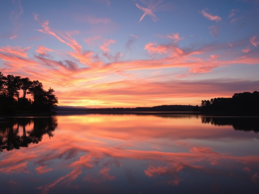 Tranquil Lake at Dusk with Reflections – free AI stock image