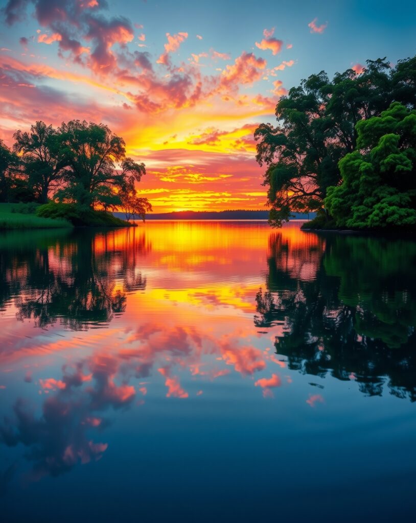 Tranquil Lake at Dusk with Reflections – free AI stock image