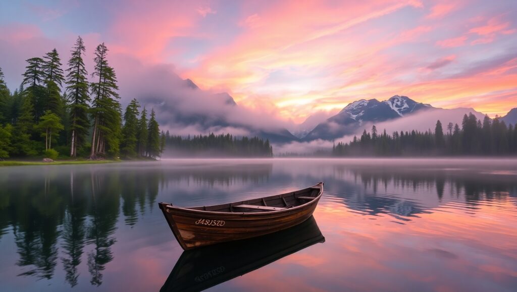 Tranquil Lake at Sunrise – free AI stock image