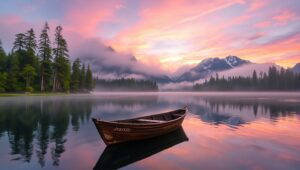 Tranquil Lake at Sunrise – free AI stock image
