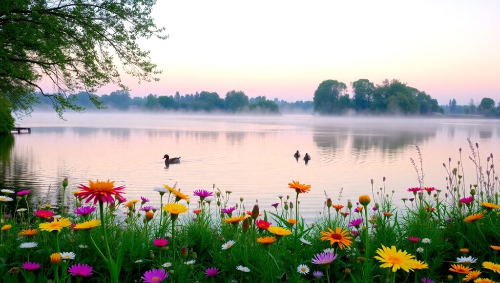 Tranquil Lake at Sunrise – free AI stock image