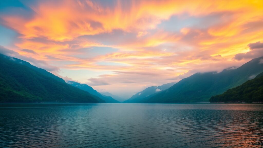 Tranquil Lake at Sunset 8CZ – free AI stock image