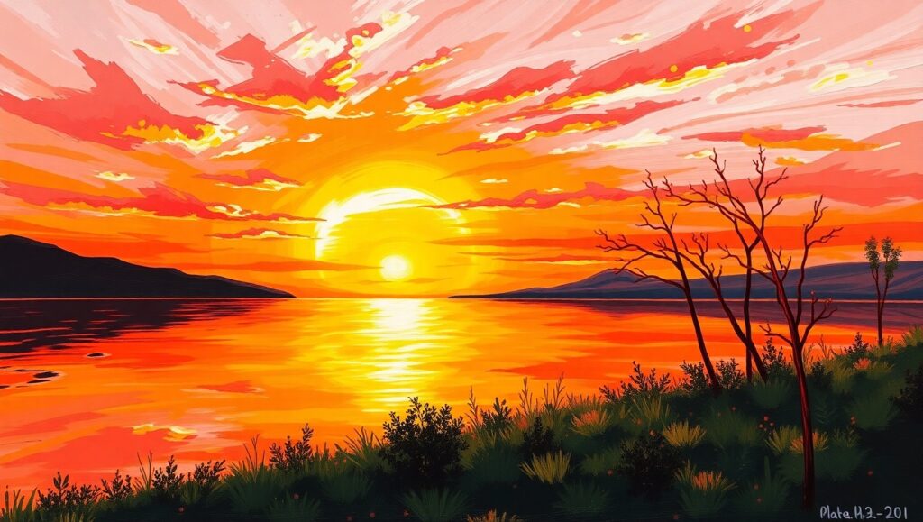 Tranquil Lake at Sunset Acrylic – free AI stock image