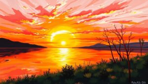 Tranquil Lake at Sunset Acrylic – free AI stock image
