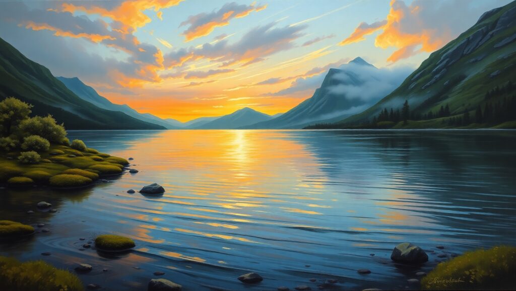 Tranquil Lake at Sunset – free AI stock image