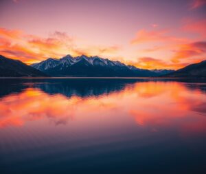 Tranquil Lake at Sunset Reflecting Mountains – free AI stock image