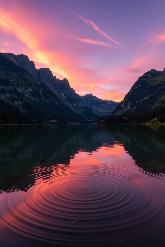 Tranquil Lake at Sunset Reflecting Mountains – free AI stock image