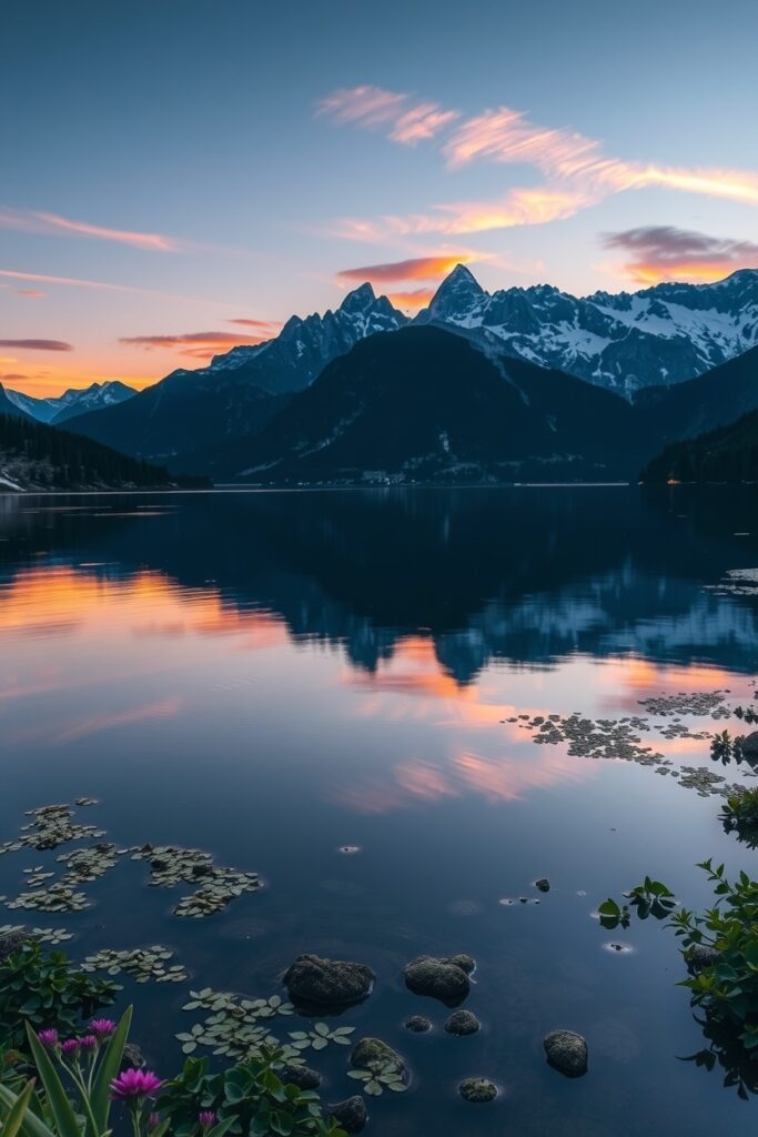Tranquil Lake at Sunset Reflecting Mountains – free AI stock image
