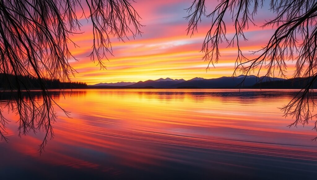A Tranquil Lake at Sunset Reflection – free AI stock image