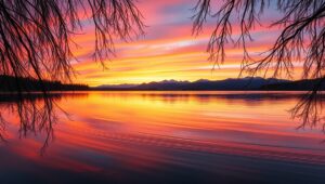 A Tranquil Lake at Sunset Reflection – free AI stock image