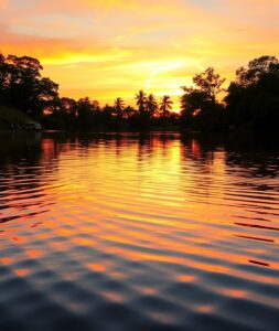 Tranquil Lake at Sunset Reflection – free AI stock image