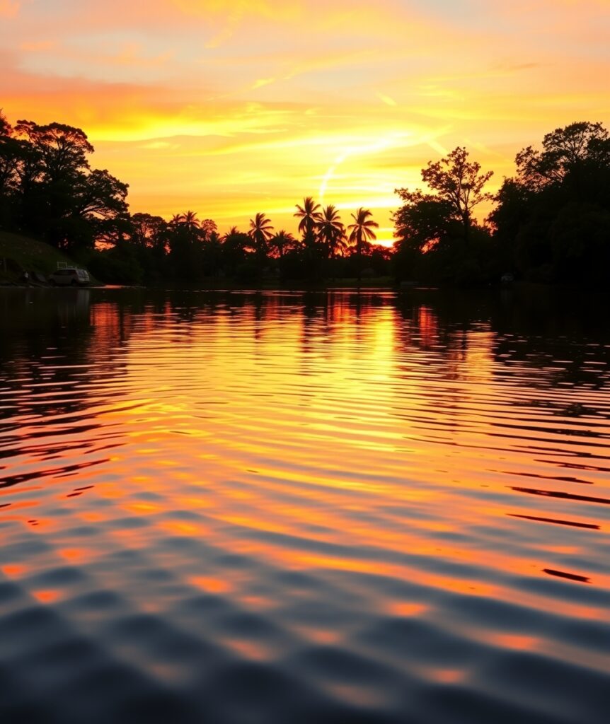 Tranquil Lake at Sunset Reflection – free AI stock image