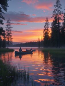 Tranquil Lake at Sunset with Canoes – free AI stock image