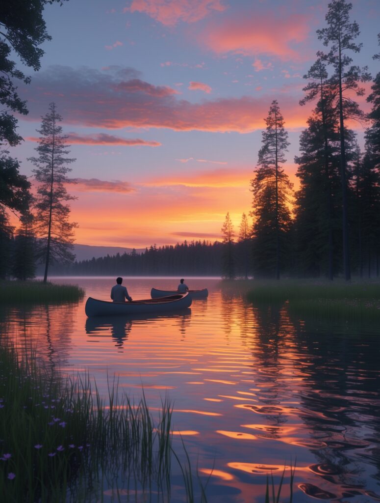 Tranquil Lake at Sunset with Canoes – free AI stock image