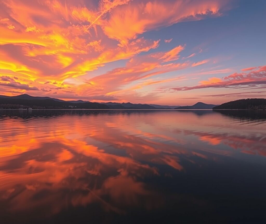 Tranquil Lake at Sunset with Reflection – free AI stock image