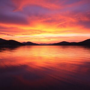Tranquil Lake at Sunset with Reflections – free AI stock image