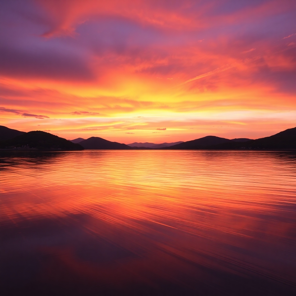 Tranquil Lake at Sunset with Reflections – free AI stock image