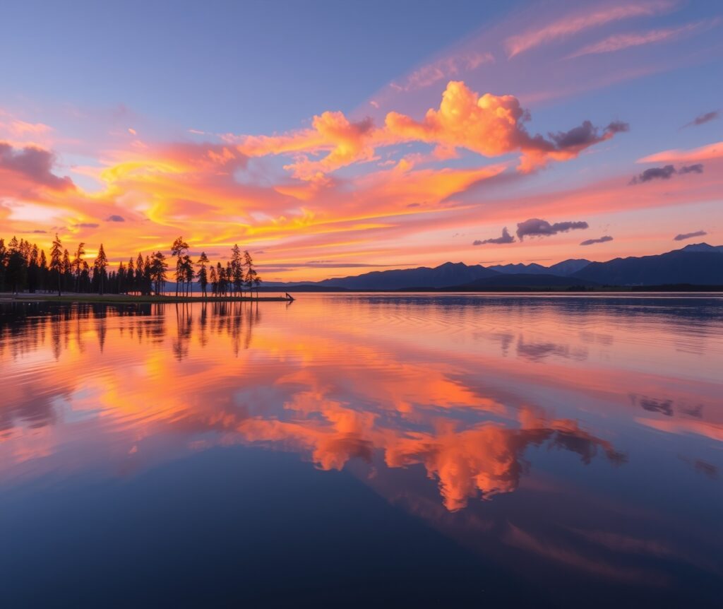 Tranquil Lake at Sunset with Reflections – free AI stock image