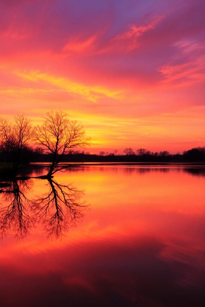 Tranquil Lake at Sunset with Reflections – free AI stock image