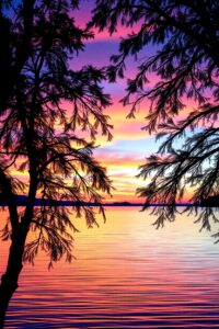 Tranquil Lake at Sunset with Reflections – free AI stock image