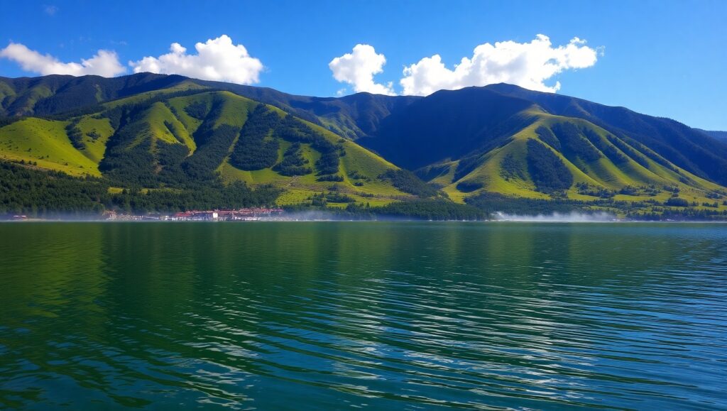 Tranquil Lake in Lush Mountains – free AI stock image
