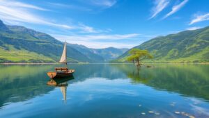 Tranquil Lake in Mountain Paradise – free AI stock image