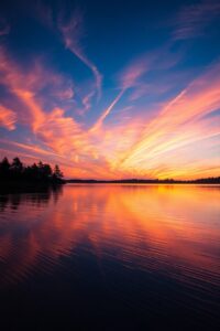 Tranquil Lake Reflecting a Colorful Sunset – free AI stock image