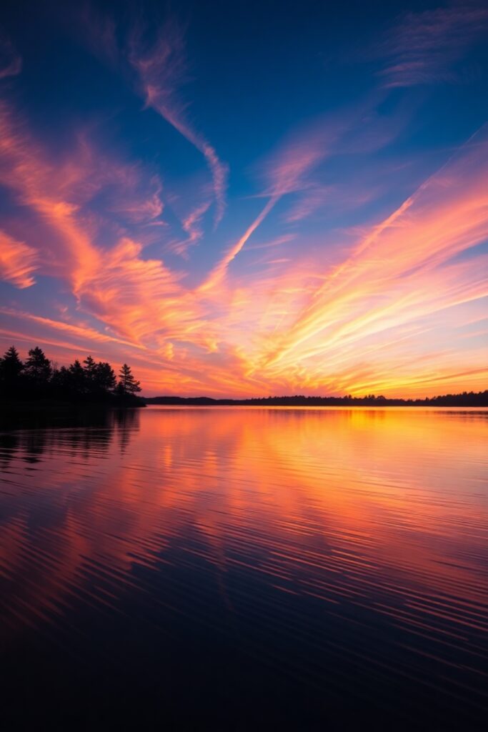 Tranquil Lake Reflecting a Colorful Sunset – free AI stock image
