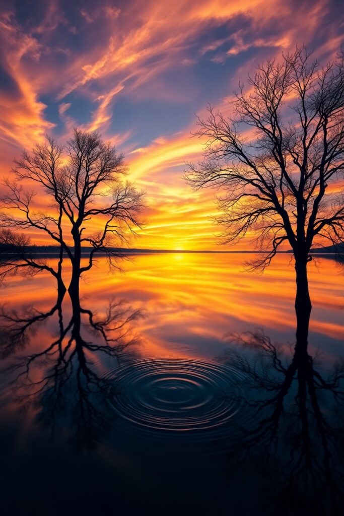 Tranquil Lake Reflecting a Colorful Sunset – free AI stock image