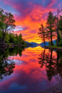Tranquil Lake Reflecting a Sunset Sky – free AI stock image