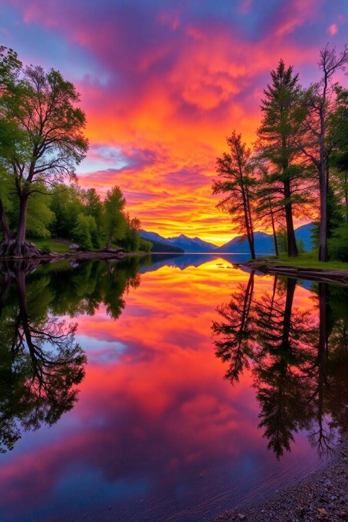 Tranquil Lake Reflecting a Sunset Sky – free AI stock image