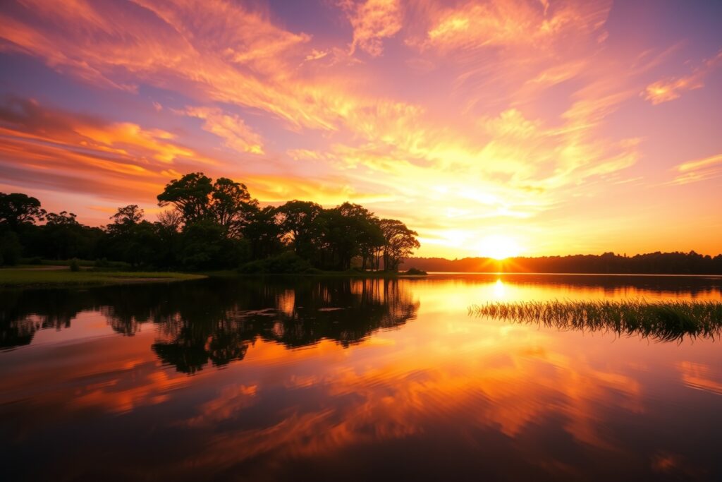 Tranquil Lake Reflecting a Sunset Sky – free AI stock image