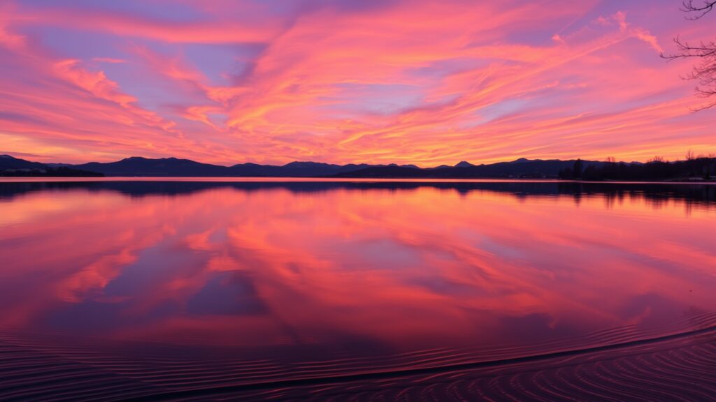 Tranquil Lake Reflecting a Vibrant Sunset Image – free AI stock image