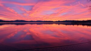 Tranquil Lake Reflecting a Vibrant Sunset Image – free AI stock image