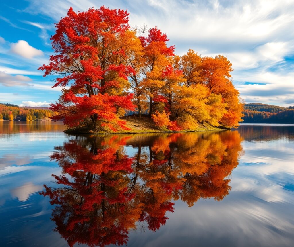 The Tranquil Lake Reflecting Autumn Colors – free AI stock image