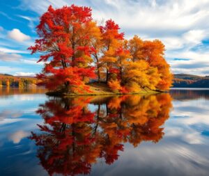 The Tranquil Lake Reflecting Autumn Colors – free AI stock image