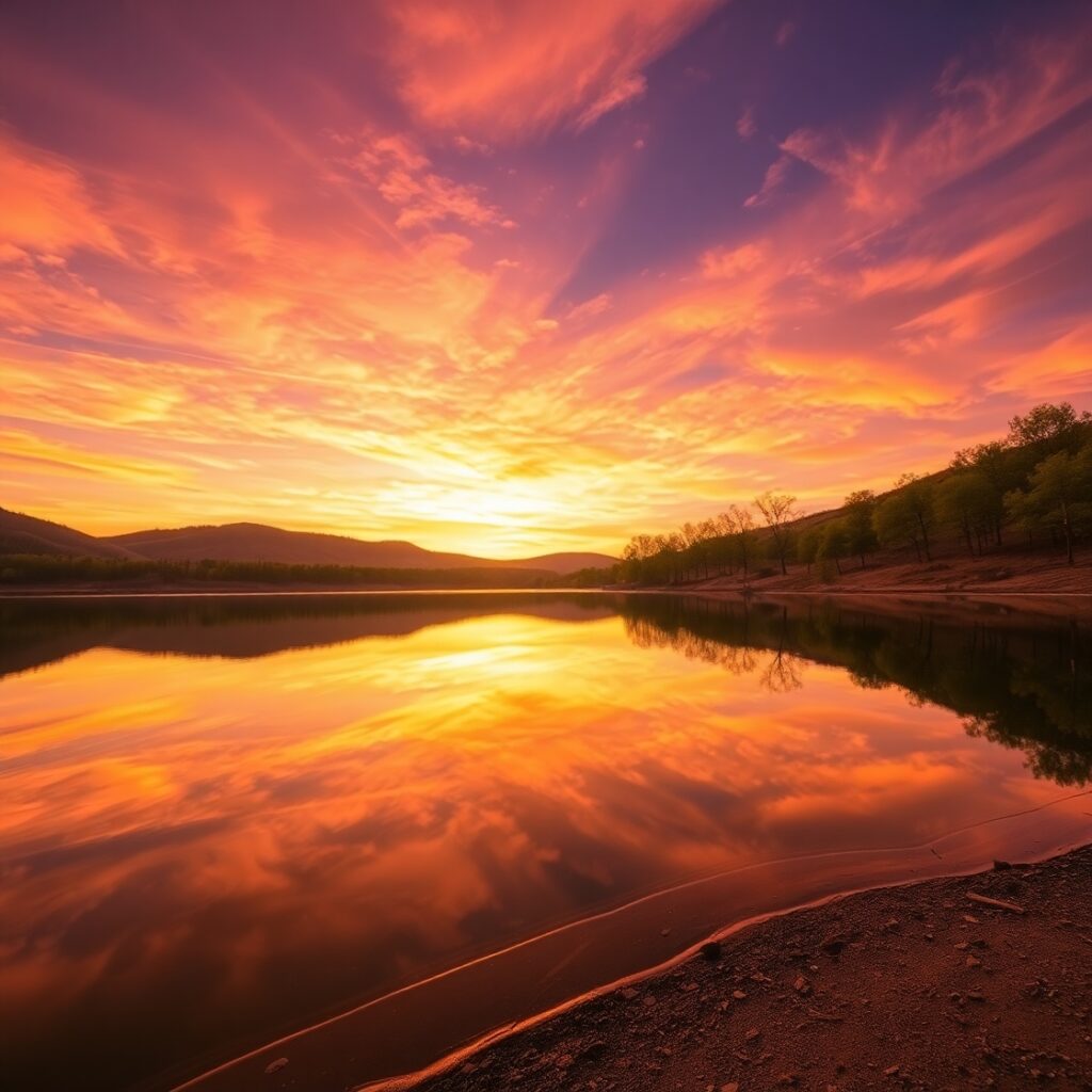 A Tranquil Lake Reflecting a Dusk Sky – free AI stock image