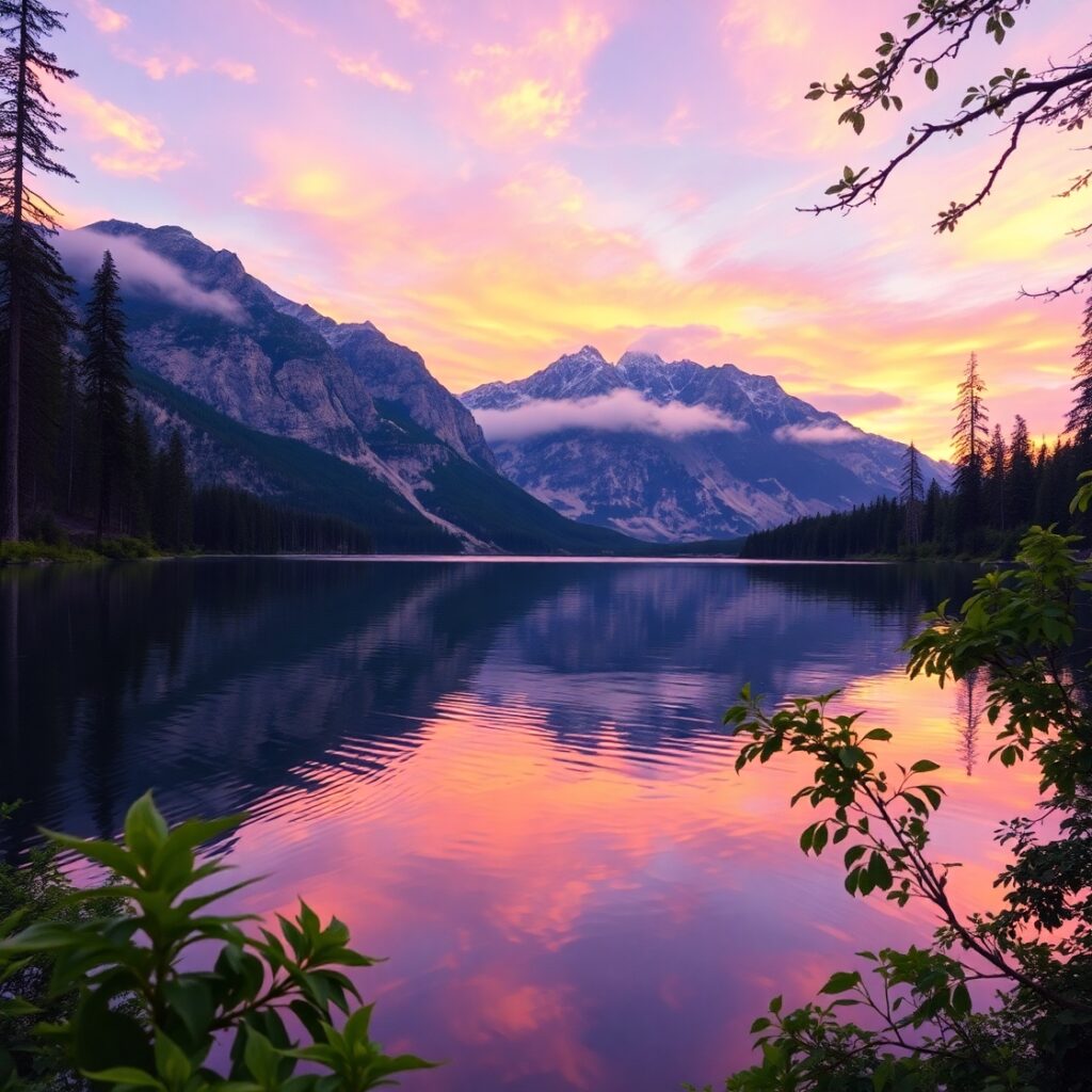 Tranquil Lake Reflecting Majestic Mountains – free AI stock image