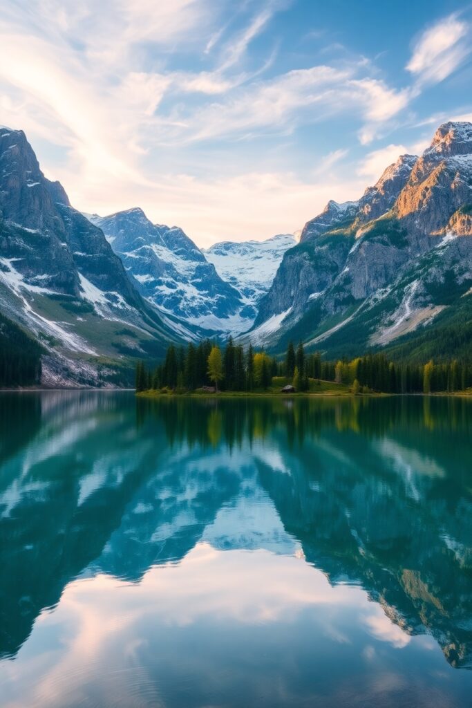 Tranquil Lake Reflecting Majestic Mountains – free AI stock image