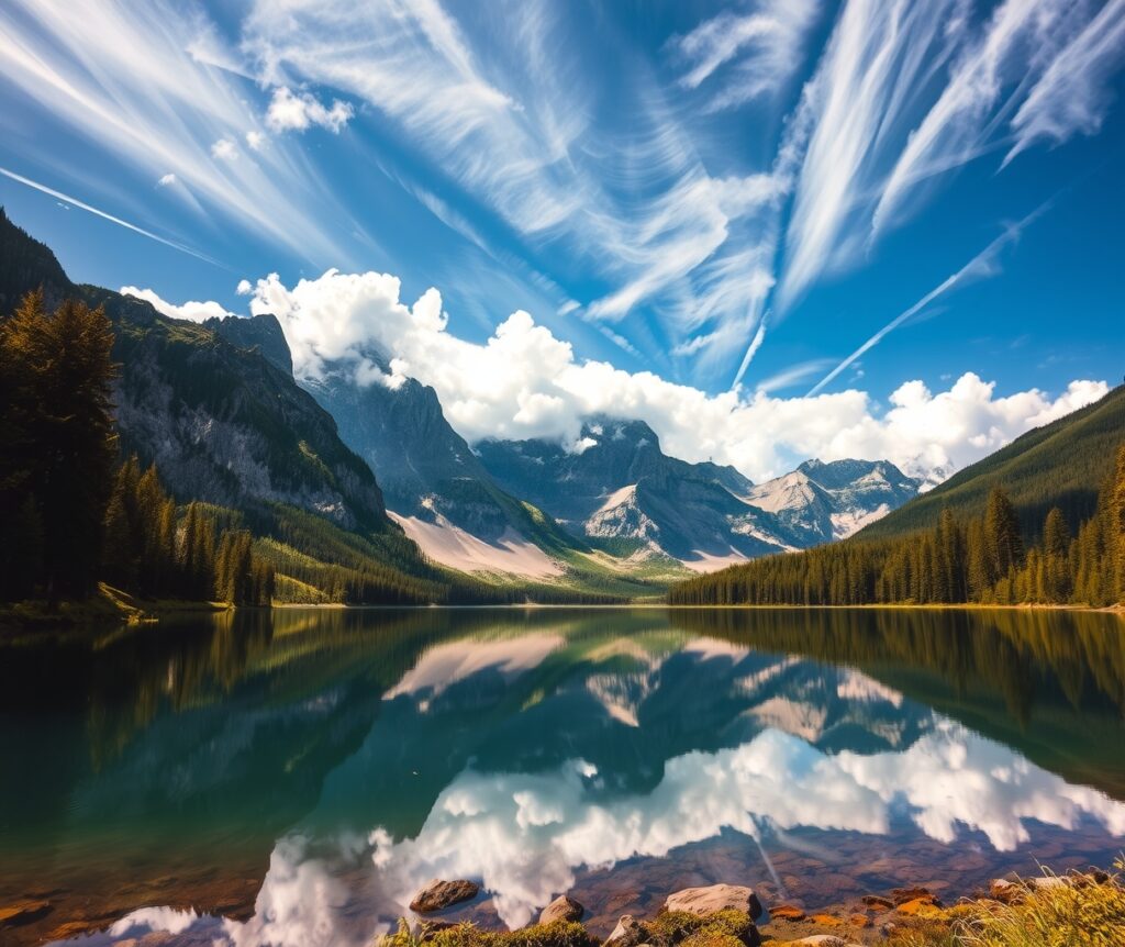 Tranquil Lake Reflecting Mountain Peaks – free AI stock image