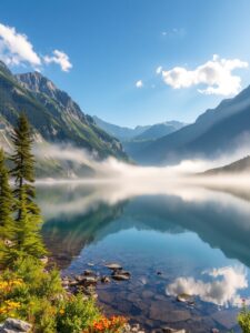 Tranquil Lake Reflecting Mountain Peaks – free AI stock image